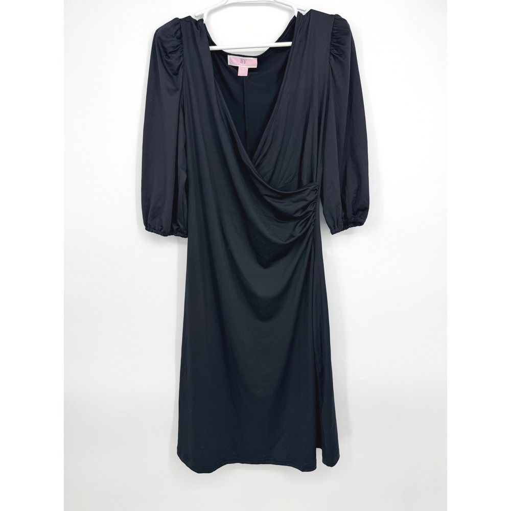 BY Design Black Faux Wrap Puff Sleeve Ruched V-Neck Midi Dress‎ Womens Size M